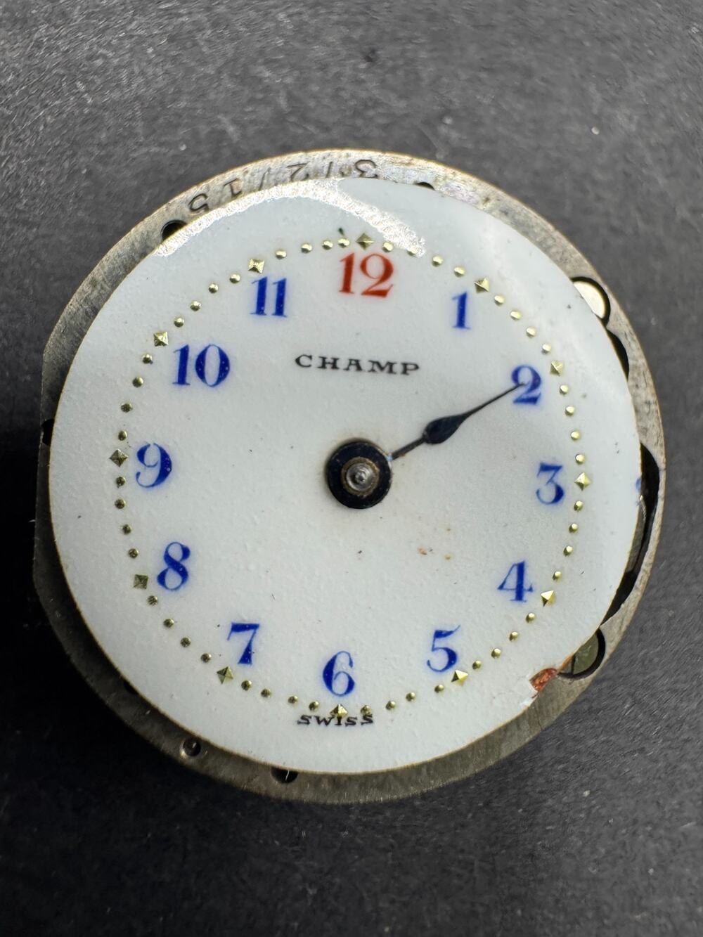 VTG CHAMP Swiss Dial Wristwatch Movement 7 Jewels White Dial 13.4mm For Parts